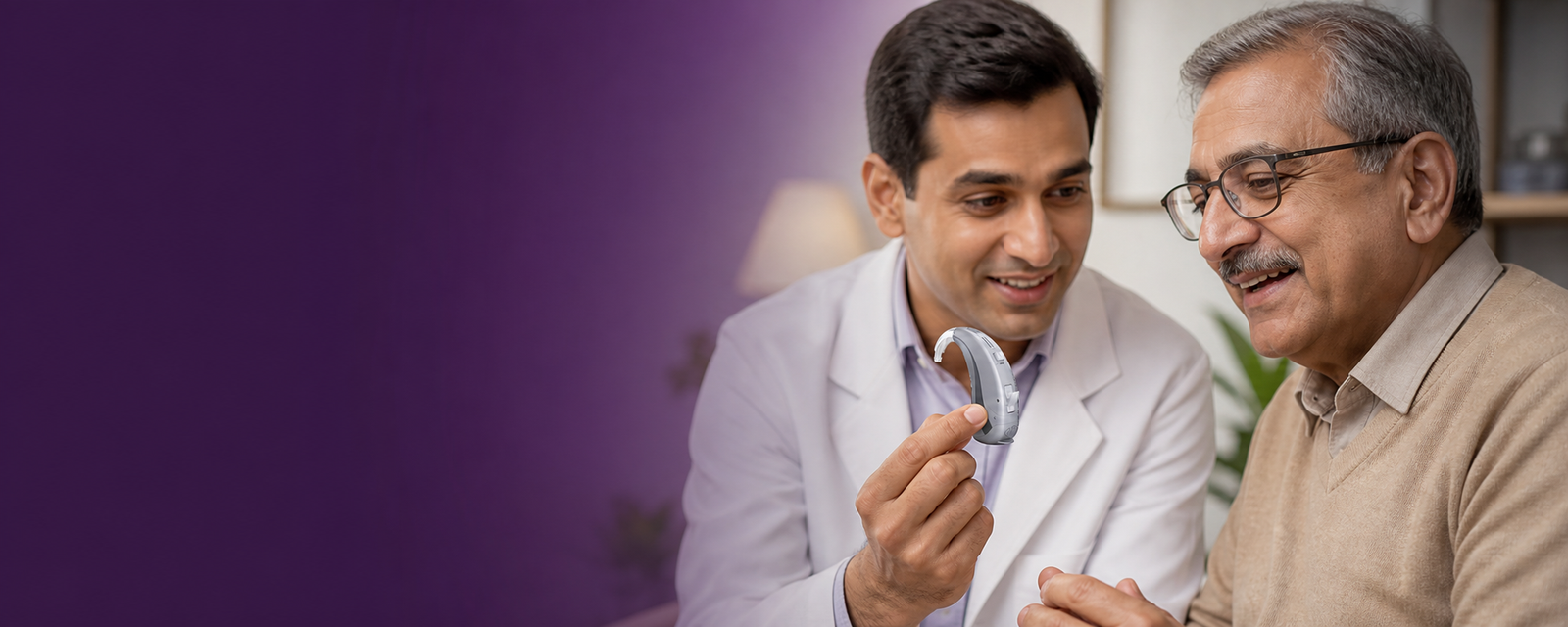A hearing specialist and an Indian senior man reviewing a hearing aid together